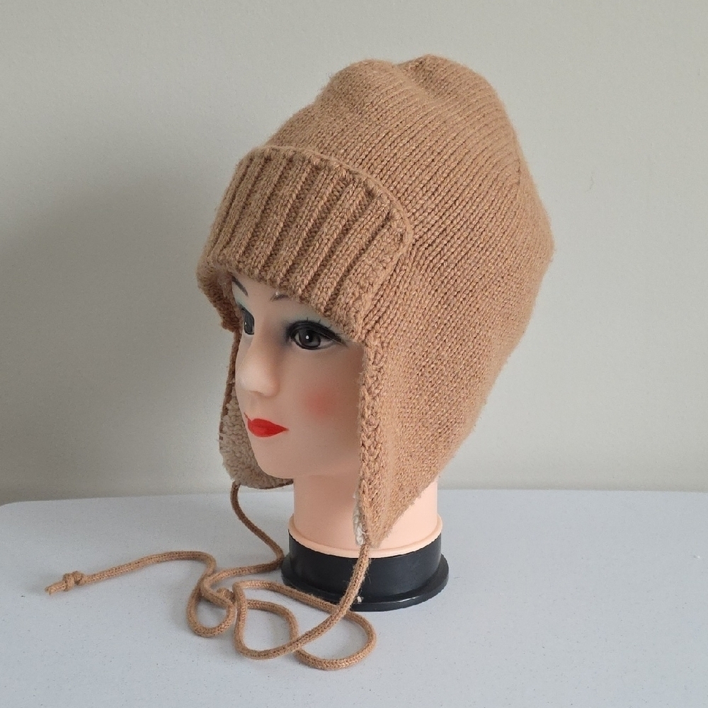 J CREW | Wool Rabbit Hair Hat Earflaps Beige Tan Sherpa Unisex Sz OS